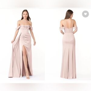 Azazie x Kendall + Kylie Amyra blushing pink mermaid off the shoulder stretch